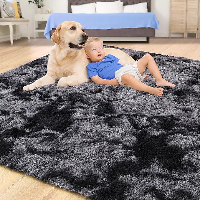 Tepook Area Rugs 9x12 for Living Room, Super Soft Fluffy Rugs for Bedroom, Modern Shaggy Rug Fuzzy Carpets for Kids, Plush Indoor Nursery Home Decor Rug with Non-Slip Bottom, Tie-Dyed Dark Grey