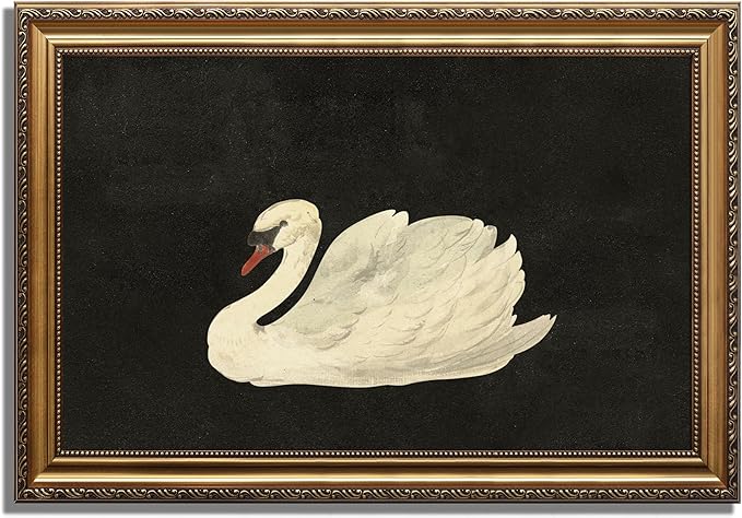 KBKBART Vintage Framed Wall Art for Living Room, White Swan Vintage Painting Canvas Wall Art Prints for Bathroom Wall Decor, Classical Gold Framed Animal Vintage Wall Decor Aesthetic for Bedroom, 16"x24"