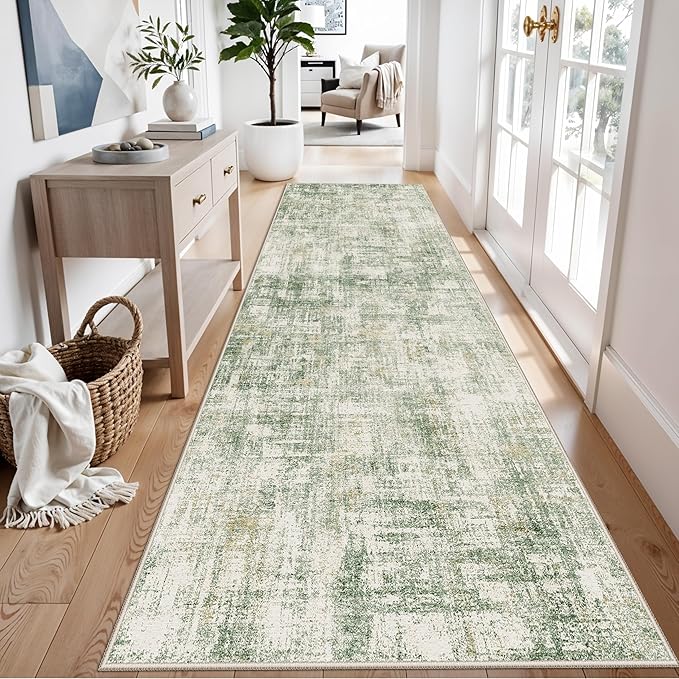 3x10 Ft Long Wide Hallway Runner Rug – Non-Slip Washable Wide Kitchen Runner, Low-Pile Thin Modern Abstract Floor Rug for Indoor Entryway, Bedroom, Living Room (Sage Green)