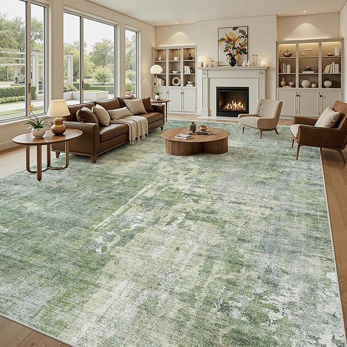Soalmost 10x14 Area Rugs for Living Room, Non Slip Machine Washable Vintage Rugs, Low Pile Lightweight Large Rug for Bedroom, Dining Room, Home Office Green/Ivory