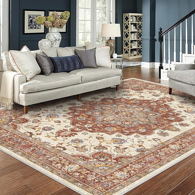 TOPRUUG Washable Oriental Area Rug - 8x10 Rugs for Living Room Soft Carpet for Bedroom Waterproof Floral Distressed Indoor Stain Resistant Non-Shedding Floor Carpets (Red, 8x10)