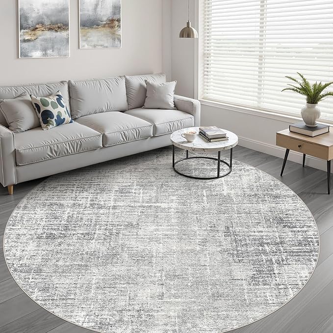 8ft Round Rug Living Room: 8x8 Washable Large Neutral Grey Circle Area Rug Abstract Soft Modern Stain Resistant Indoor Floor Non-Slip Carpet for Bedroom Nursery Kids Office Playroom Dining Room