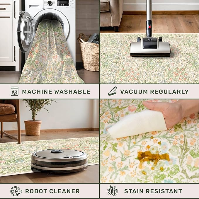 Beige Green 6x9 Washable Area Rugs for Dining Room, Nursery, Bedroom, Living Room, Kids Playroom, Ultra Soft Low Pile Non-Slip - Vintage Light Green Floral Indoor Carpet Stain Resistance
