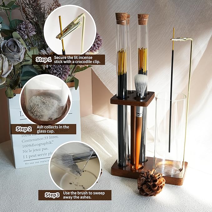 2 in 1 Incense Holder for Sticks Wooden Incense Burner with Glass Ash Catcher Three Incense Sticks Storage Tubes and Brush for Meditation Yoga Spa Home Decor