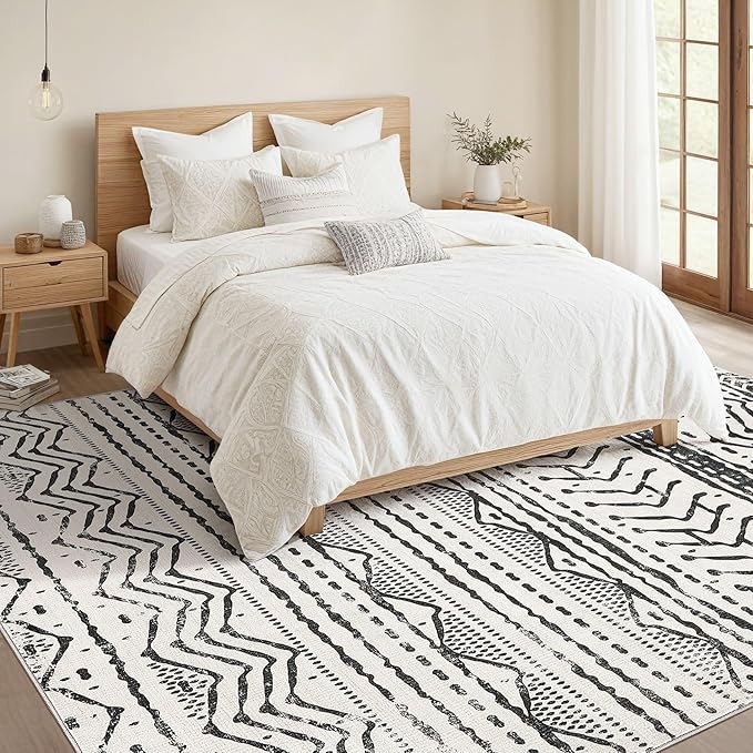 Nakagishi Black Rug for Living Room: 7x9 Washable Boho Large Neutral Soft Farmhouse Area Rugs Stain Resistant Modern Geometric Non-Slip Indoor Floor Carpet for Bedroom Playroom Office Dining Room