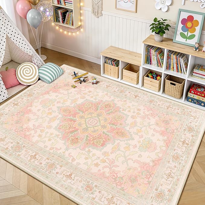 CAPALOCA Machine Washable Rugs Nursery Rug 5x7 Cute Girl Non Slip Low Pile Water Repellent Soft Print Pattern for Bedroom Indoor Decor Kids Playroom Pink Green