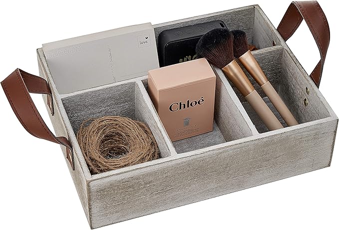 KMwares Paulownia Wooden Gray Rustic Wood Cube Storage Box with Light Brown Leather Handle, Open Top Organizer Bin Container for Kitchen, Bathroom, Office Desk, Makeup