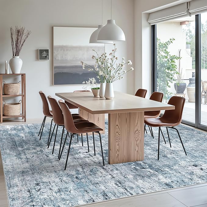 Soalmost 9x12 Area Rugs for Living Room, Abstract Non Slip Machine Washable Vintage Rugs, Low Pile Lightweight Large Rug for Bedroom, Dining Room, Home Office Blue