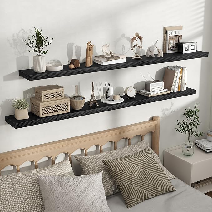 Fun Memories Floating Shelves for Wall, Rustic Wood Wall Mounted Shelves for Bathroom, Bedroom, Living Room & Kitchen, Storage Display Shelves, (Set of 2, Black, 72 in)