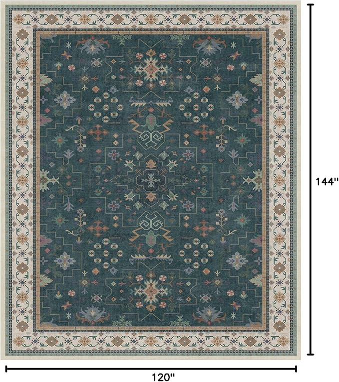 Hazo Haus Dark Green Oushak Living Room Rug 10x12 - Modern Vintage Boho Eclectic Floral Pastel, Washable Low Pile Non-Slip Extra Large Area Rugs for Dining Under Table Bedroom Lounge