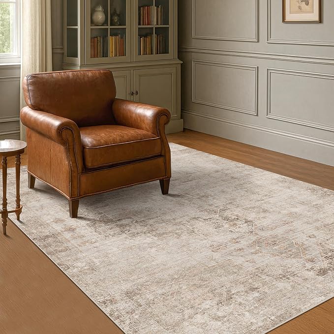 Hazo Haus Neutral Farmhouse Area Rug for Bedroom - 6x8 Washable Rug for Dining Room Table, Ultra-Thin Soft Textured Boho Indoor Decor, Fade & Stain Resistant
