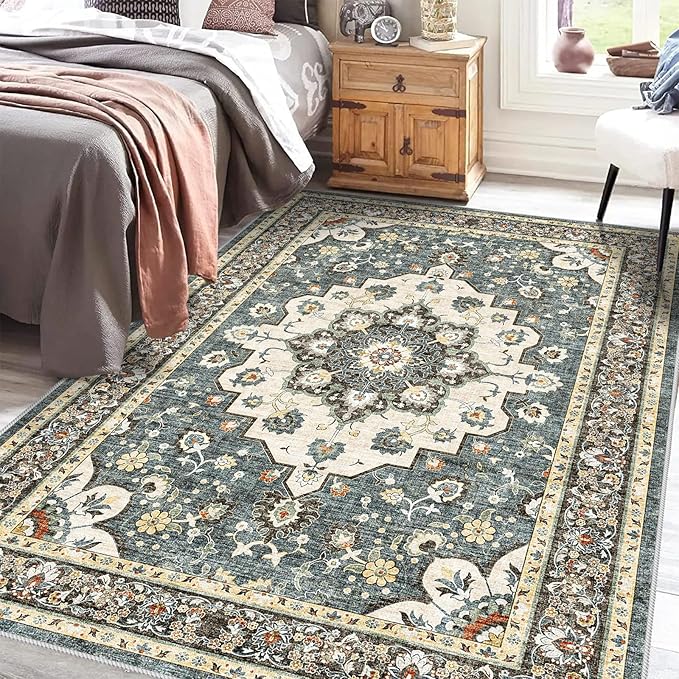 TOPRUUG Washable Oriental Area Rug - 5x8 Rugs for Living Room Soft Carpet for Bedroom Waterproof Floral Distressed Indoor Stain Resistant Non-Shedding Floor Carpets (Blue, 5x8)