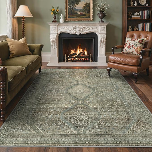 GENIMO 6x9 Area Rugs for Living Room, Machine Washable Non Slip Rugs, Low Pile Lightweight Vintage Print Rug for Bedroom, Dining Room, Home Office, Sage/Blue