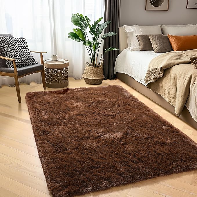 Amdrebio Dark Brown Area Rugs for Bedroom Living Room, Fluffy Shaggy Plush 4x6 Rug for Kids Room Decor Aesthetic, Modern Cool Fuzzy Furry Chocolate Coffee Carpet for Classroom Playroom Dorm Nursery
