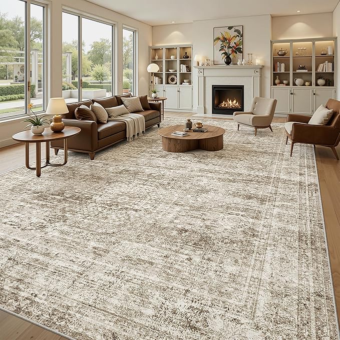 Soalmost 10x14 Area Rugs for Living Room, Non Slip Machine Washable Vintage Rugs, Low Pile Lightweight Large Rug for Bedroom, Dining Room, Home Office Brown