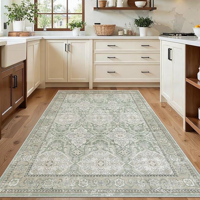 Soalmost 3x5 Rug, Small Area Rug for Kitchen, Entryway, Machine Washable Non-Slip Throw Rug, Vintage Carpet for Nursery Coffee Table Green/Brown