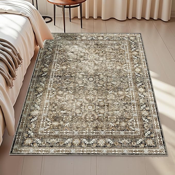 OPPODREAM Vintage Brown Area Rugs 3x5, 3 x 5 Retro Washable Rug Non Slip, Low-Pile Faux Wool Carpet, Distressed Floor Mat for Living Room, Bedroom, Kitchen, Office, Dorm, Dinning Room
