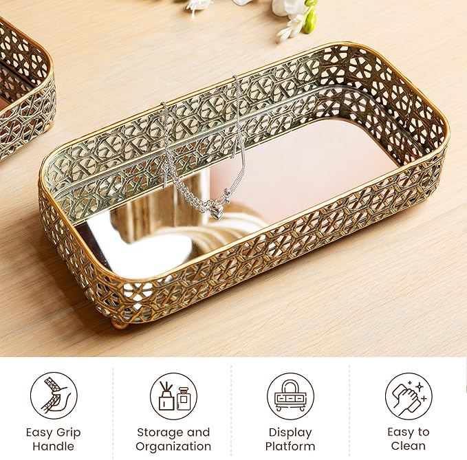 Glitzhome Set of 2 Oversized Gold Mirror Decorative Trays, Rectangular Metal Vanity Jewelry Perfume Tray Dresser Tray, Elegant Hollow-Carved Jewelry Organizer Makeup Trays