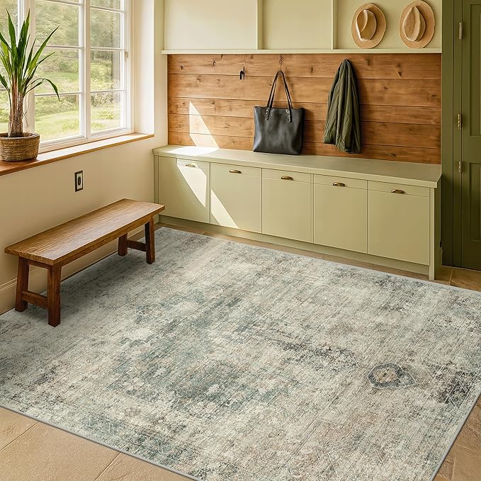 Hazo Haus Tan and Moss Rugs for Dining Room - Neutral Abstract Faded Patterned Accent Rug 5x8 for Living Room, Home Office, Bedroom Foldable Soft Washable