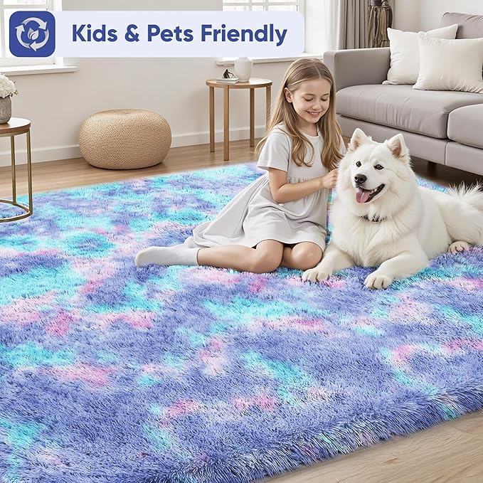 Rainbow Fluffy Rugs for Girls Bedroom: 9x12 Large Shag High Pile Area Rug Upgrade Non-Slip Plush Fuzzy Living Room Rug Shaggy Soft Indoor Floor Carpet Nursery Rugs for Kids Baby Toddler Home Decor