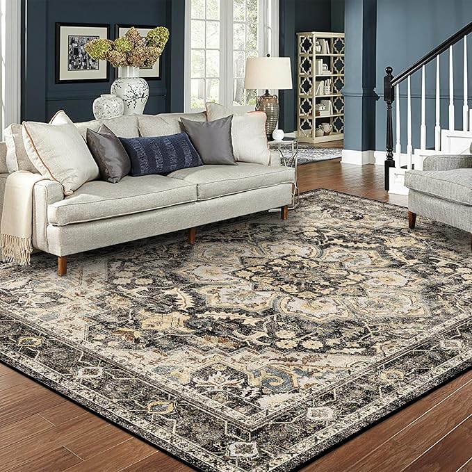 TOPRUUG Washable Area Rugs 8x10 - Large Rugs for Living Room Non-Slip Non-Shedding Thin Carpet for Bedroom Kitchen Stain and Water Resistant Indoor Carpets (Black/Grey, 8x10)