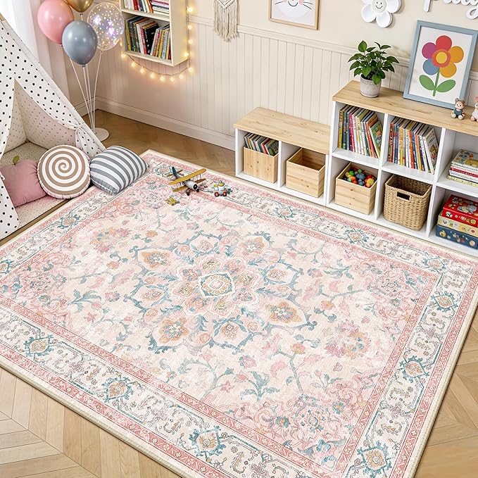 CAPALOCA Machine Washable Rugs Nursery Rug 7x9 Cute Girl Non Slip Low Pile Water Repellent Soft Print Pattern for Bedroom Indoor Decor Kids Playroom Pink Teal
