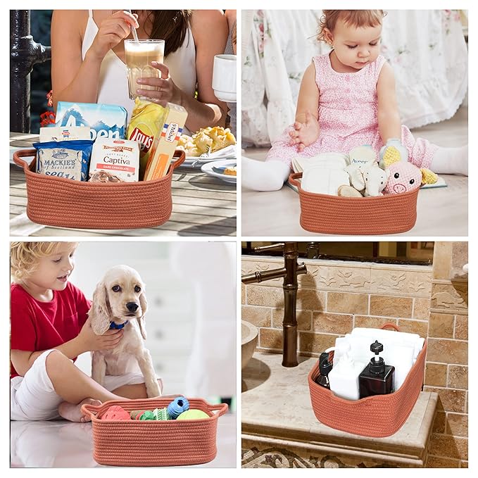 XUANGUO Woven Cotton Rope Storage Basket with Handles for Organizing Shelves Closet Small Cat Dog Pet Toy Baskets Box Bin Decorative Rectangle Baby Nursery Basket Gift Basket Empty (Rust)