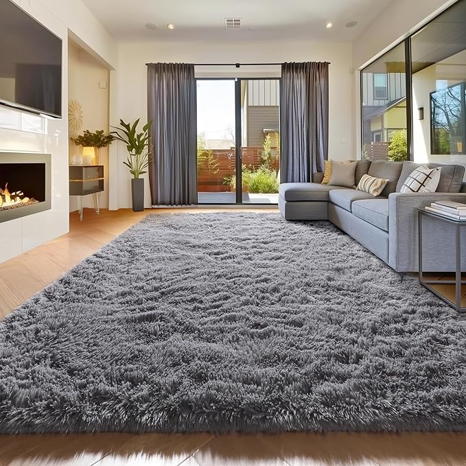 Amdrebio Grey Modern Fluffy Living Room Rugs,5x8 Rug,Furry Area Rug for Bedroom,Shaggy Indoor Rug for Kids Room,Plush Fuzzy Rug for Living Room Decor,Soft Farmhouse Carpet for Home Office Playroom