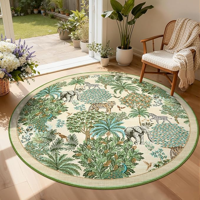 GarveeHome Jungle Round Washable Rugs 6ft Non-Slip Soft Round Rug for Kids Room, Forest Animal Print Tiger Circle Carpet for Bedroom Entryway Playroom Nursery, Beige