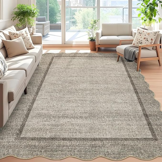 GarveeHome Scalloped Washable Rug 6x9 Rugs for Living Room Modern Brown Nursery Rug Large Area Rug for Bedroom Non Slip Throw Rugs Soft Low Pile Stain Resistant Carpet for Classroom 6 ft x9 ft Brown
