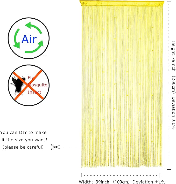 YaoYue Beaded Curtain Door String Curtains for Doorway Tassels Beads Hanging Fringe Hippie Room Divider Window Hallway Entrance Wall Closet Bedroom Privacy Decor (39×79in/100×200cm, Yellow)