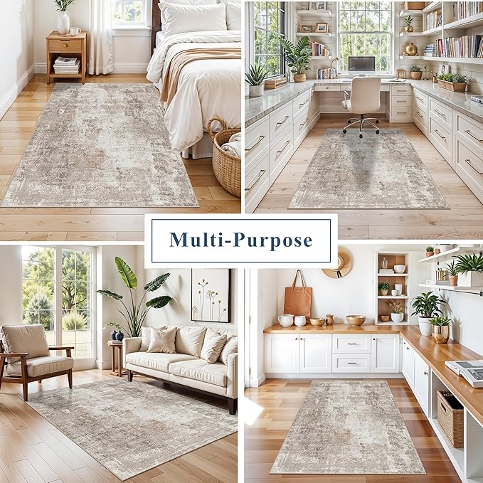 4x5 Washable Area Rugs for Entryway - Non-Slip Low-Pile Indoor Carpet with Rubber Backing for Kitchen, Bathroom,Bedroom, Living Room, Modern Abstract Neutral Soft Mat (Beige Grey)