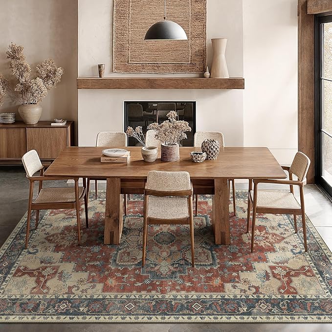 GENIMO 3x5 Area Rugs for Living Room, Machine Washable Non Slip Vintage Rugs, Low Pile Lightweight Chenille Print Rug for Bedroom, Dining Room, Home Office,Bordeaux