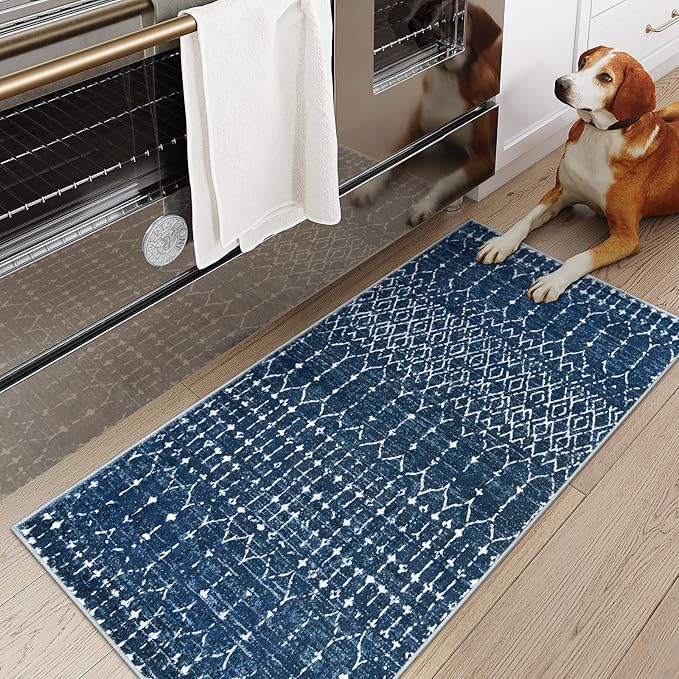 Lahome Moroccan Runner Rugs for Hallway 2x4 Bathroom Rugs Non-Slip Small Throw Kitchen Carpet Low-Pile Mat for Entryway Laundry Room Mat Geometric Indoor Carpert for Entrance Bath Hana, Blue