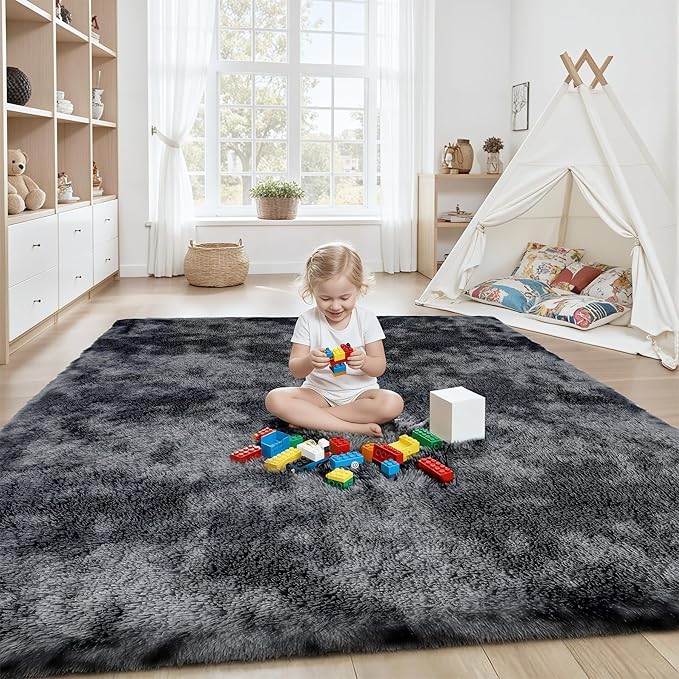Area Rug for Living Room Bedroom: 5x7 Black Grey Soft Fluffy Shag Upgrade Non-Slip High Pile Carpet Large Fuzzy Plush Indoor Floor Decor Shaggy Rug for Kid Boys Girls Playroom Nursery Modern Home