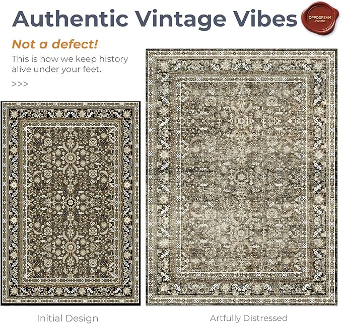 OPPODREAM Vintage Brown 3x10 Runner Rug, 3 x 10 Retro Washable Rug Non Slip, Low-Pile Faux Wool Carpet, Distressed Floor Mat for Kitchen, Hallway, Entry-Way, Entrance, Indoor Back Door