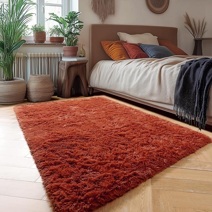 Amdrebio Terracotta Rust Area Rugs for Bedroom Living Room, Fluffy Fuzzy Shaggy Furry Rug 4x6 for Kids Room Decor Aesthetic, Small Cute Plush Shag Rustic Carpet for Nursery Dorm Classroom Playroom
