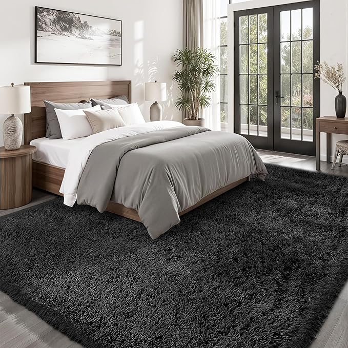 Area Rug for Living Room Bedroom: 9x12 Black Soft Fluffy Shag Upgrade Non-Slip High Pile Carpet Large Fuzzy Plush Indoor Floor Decor Shaggy Rug for Kid Boys Girls Dorms Playroom Nursery Modern Home
