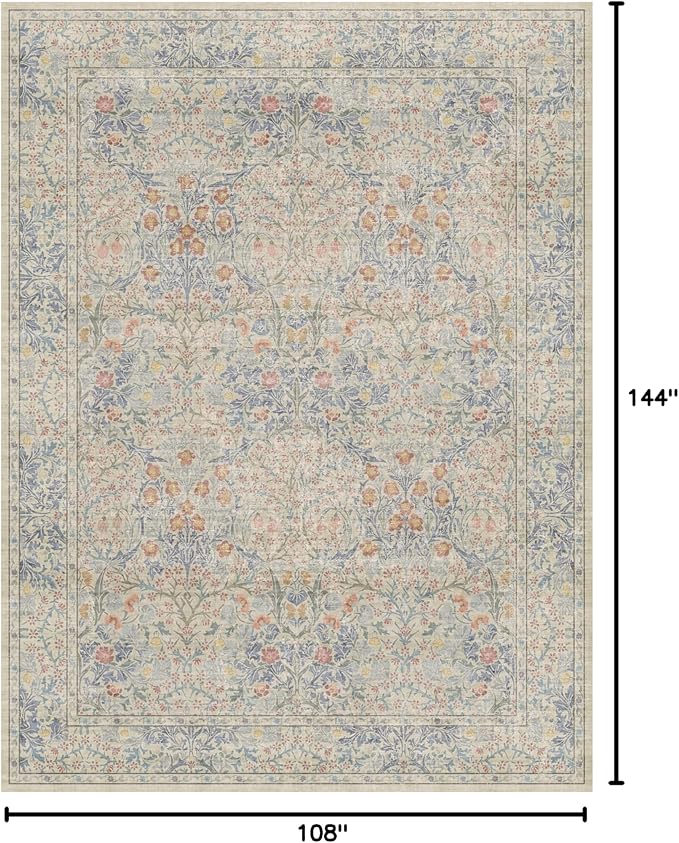 Washable Light Blue Bedroom Rug, 9x12 Area Rug for Living Room, Large Dining Room Rugs for Under Table, Soft Low Pile Non-Slip Stain Resistant Carpet - Vintage Floral Design (9x12 Beige Blue)