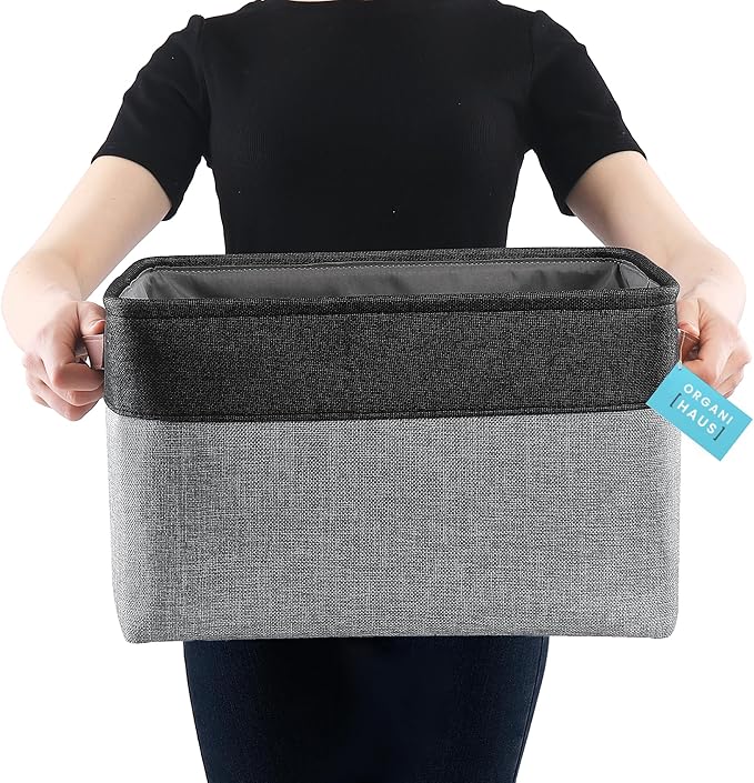 OrganiHaus Extra Large Fabric Storage Baskets for Shelves 3 Pack, 16x13in Closet Storage Bins, Canvas Baskets for Organizing, Linen Closet Organizers, Cloth Basket, Gray/Black