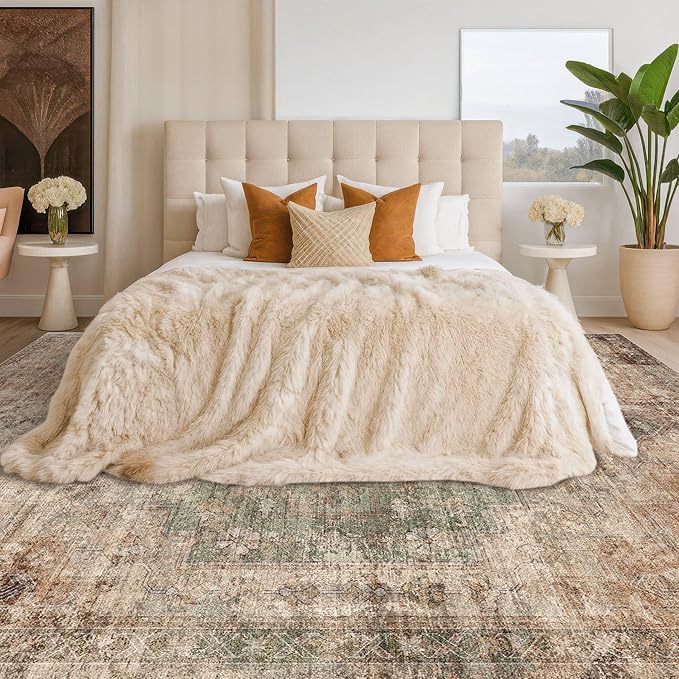 Hazo Haus Vintage Dark 6x9 Living Room Rug - Green and Brown Modern Abstract Rug for Dining Room Under Table, Bedroom, Washable Non Slip Soft Rust Taupe Faded Print Mat