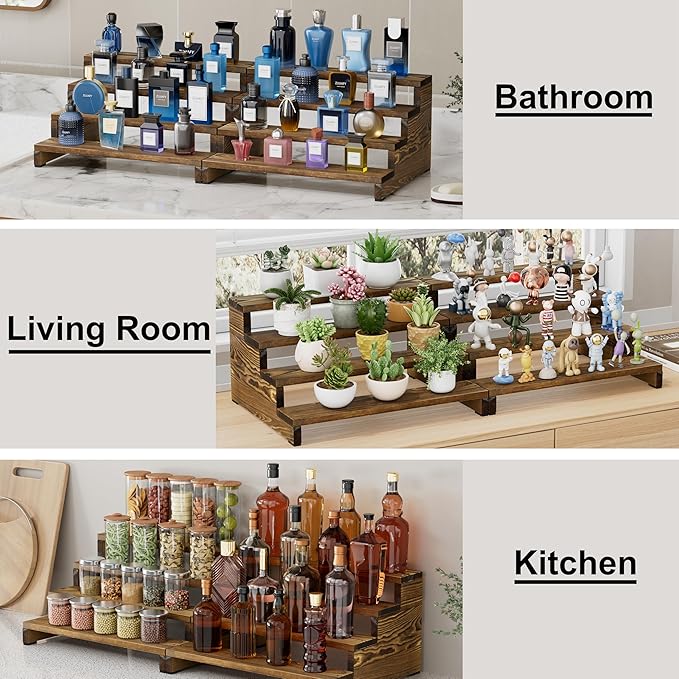 ZUJJAFY Cologne Organizer for Men, 4 Tier Wooden Cologne Stand Mens Fragrance Shelf, Tiered Wood Risers Display Stands for Perfume, Cupcake, Figures, Dessert