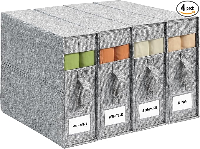 4Pack Sheet Organizers for Linen Closet - King/Queen Size Bedding Storage Boxes with Clear Window, Foldable & Dustproof Linen Organizer for Blankets & Sheet Sets,Grey