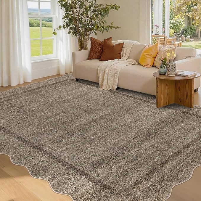 GarveeHome Scalloped Washable Rugs for Entryway 3x5 Rug Super Soft Entry Rug Non-Slip, Printed Faux Wool Floral 3x5 Area Rug Thin Floor Carpet for Kitchen, Bedroom, Office, Living Room, Taupe