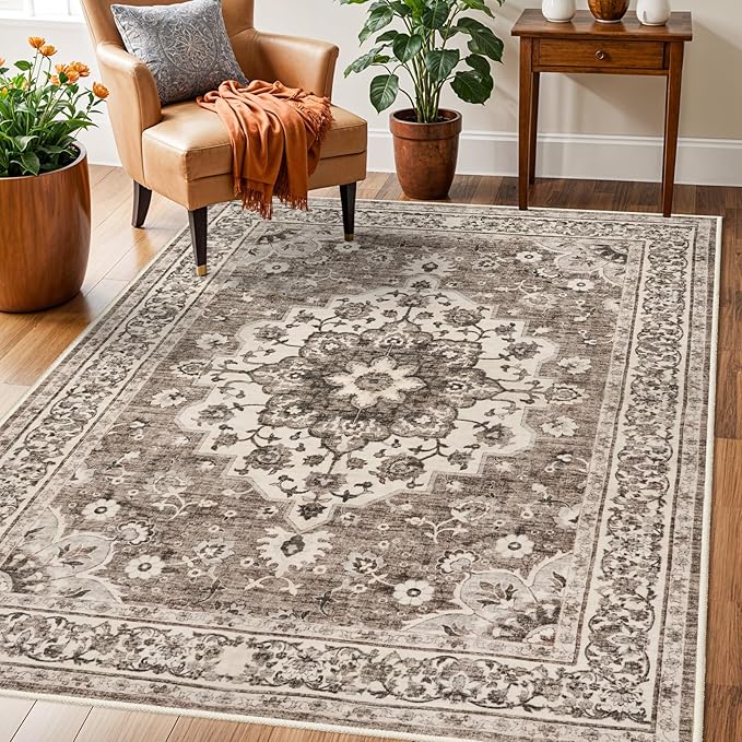TOPRUUG Washable Oriental Area Rug - 3x5 Rugs for Living Room Soft Carpet for Bedroom Waterproof Floral Distressed Indoor Stain Resistant Non-Shedding Floor Carpets (Beige, 3X5)