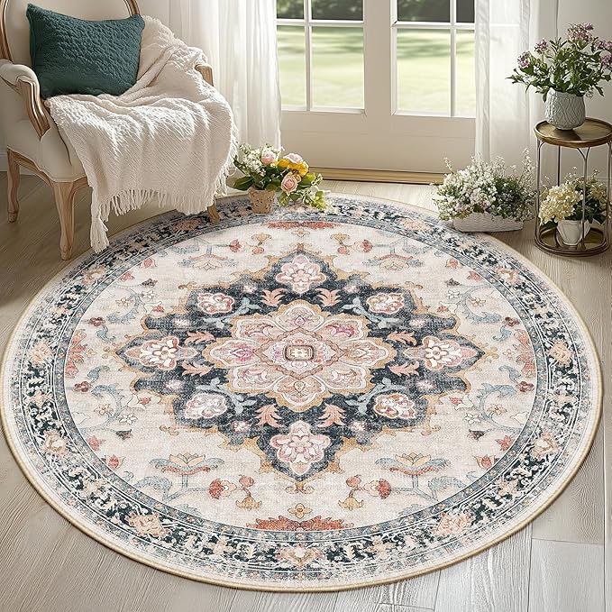 CAPALOCA Machine Washable Rugs Nursery Rug 6ft Area Rugs for Living Room Non Slip Low Pile Water Repellent Soft Print Pattern for Bedroom Indoor Decor Rug Bluebeige