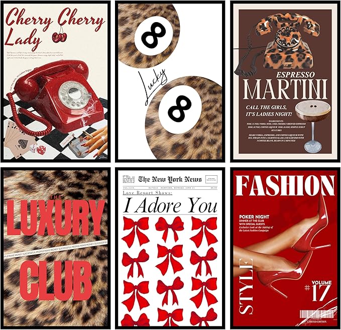 ZxXzkwpP Pink Cheetah Print Room Decor Poster, Trendy Red Fashion Leopard Print Wall Art Aesthetic Lucky 8 Ball Poster Coquette Preppy Y2k Red Funky Art For Bedroom (16x24x6 Unframed)