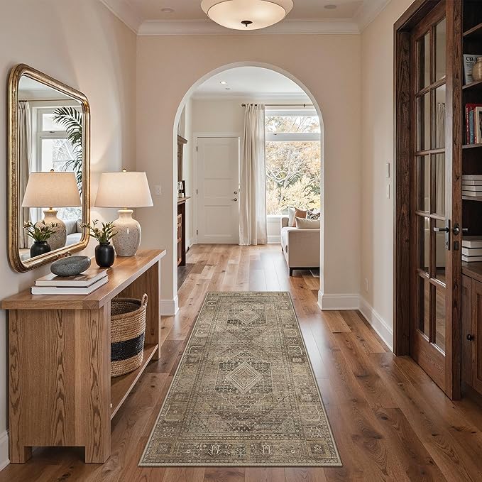GENIMO Runner Rug 2x7 Non Slip Machine Washable Hallway Runner Vintage Rug, Low Pile Lightweight Rugs for Entryway, Hallway, Kitchen and Corridor, Chestnut Tan