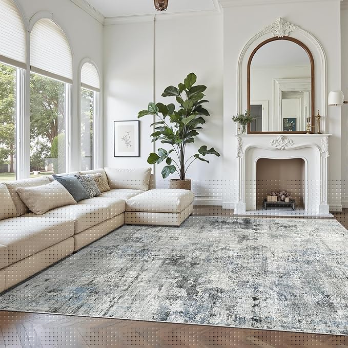Soalmost Abstract Rug 8x10 Large Living Room Rugs Neutral Modern Washable Area Rugs for Bedroom Dining Room Non-Slip Stain Resistant Foldable Thin Rug Gray Blue
