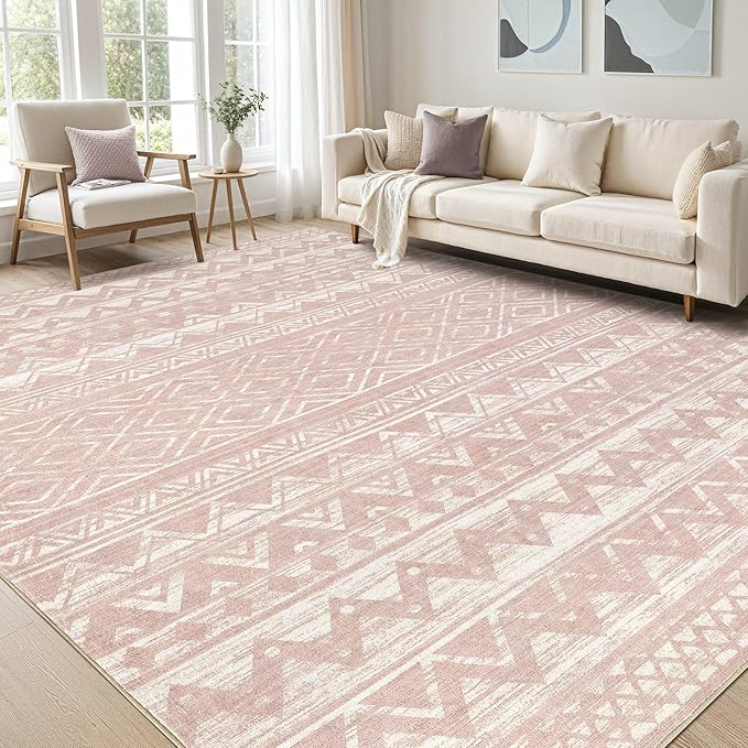 cotiled 10x12 Area Rug Living Room: Washable Boho Rugs with Non Slip Backing Large Soft Indoor Stain Resistant Carpet for Bedroom Farmhouse Dining Room Lightweight Home Decor Lotus Pink